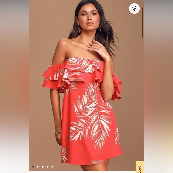 NWT Lulu’s Be-Leaf the Hype Coral Pink Off-the-Shoulder Mini Dress Sz S - Picture 1 of 16